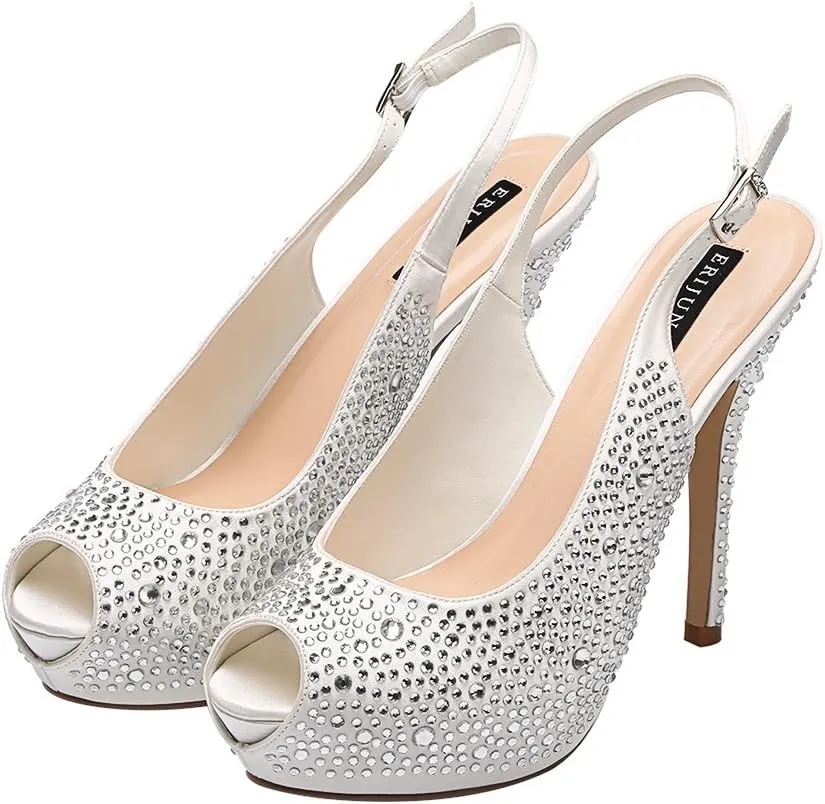 ERIJUNOR Women High Heel Peep Toe Rhinestones Slingback Platform Pumps Wedding Evening Dress Shoes