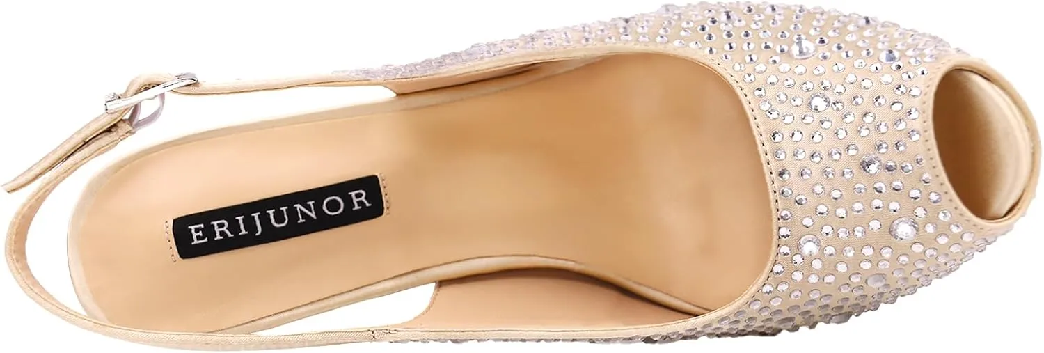 ERIJUNOR Women High Heel Peep Toe Rhinestones Slingback Platform Pumps Wedding Evening Dress Shoes