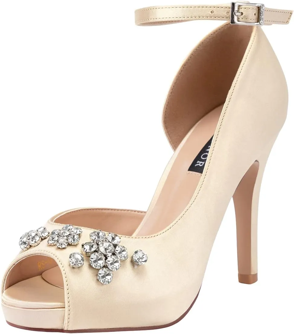 ERIJUNOR Women's Peep Toe Platform High Heel Rhinestones Satin Evening Prom Wedding Shoes