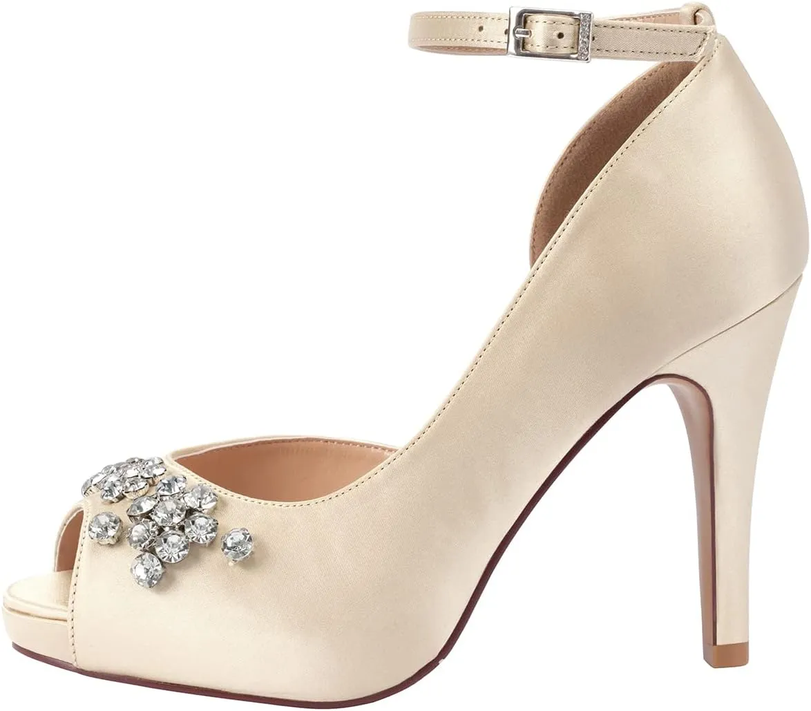 ERIJUNOR Women's Peep Toe Platform High Heel Rhinestones Satin Evening Prom Wedding Shoes