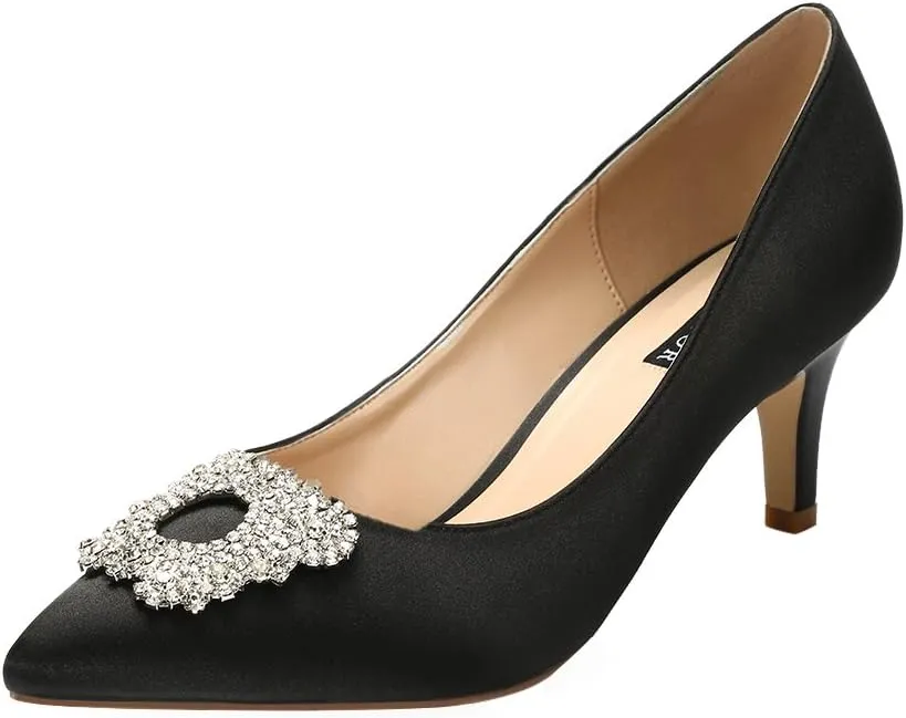 ERIJUNOR Women's Pumps Low Heel Rhinestone Brooch Satin Evening Dress Wedding Shoes