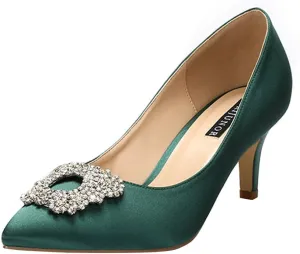 ERIJUNOR Women's Pumps Low Heel Rhinestone Brooch Satin Evening Dress Wedding Shoes