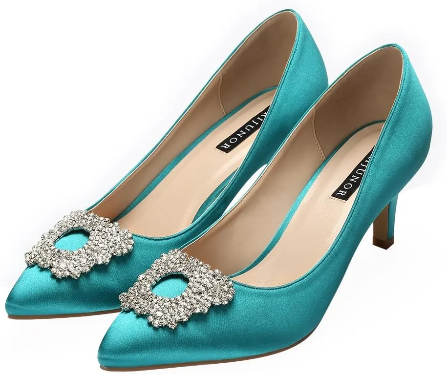 ERIJUNOR Women's Pumps Low Heel Rhinestone Brooch Satin Evening Dress Wedding Shoes