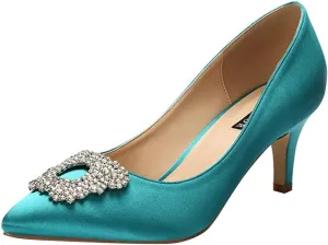 ERIJUNOR Women's Pumps Low Heel Rhinestone Brooch Satin Evening Dress Wedding Shoes