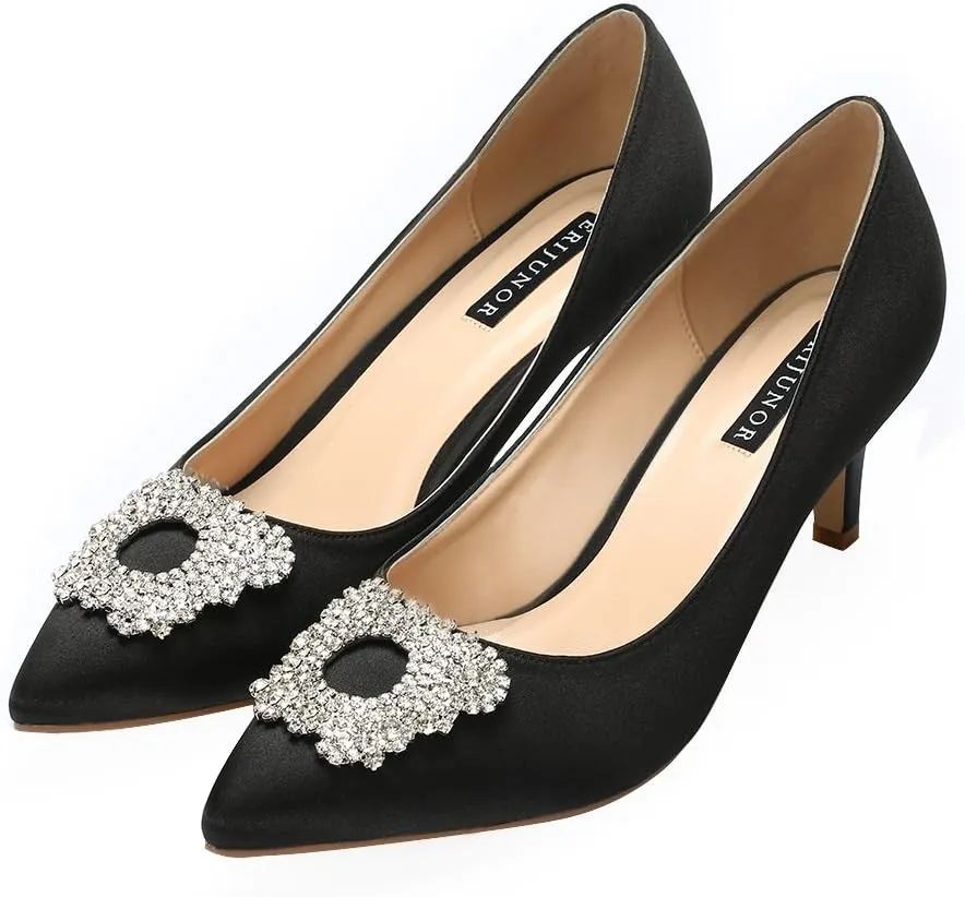 ERIJUNOR Women's Pumps Low Heel Rhinestone Brooch Satin Evening Dress Wedding Shoes