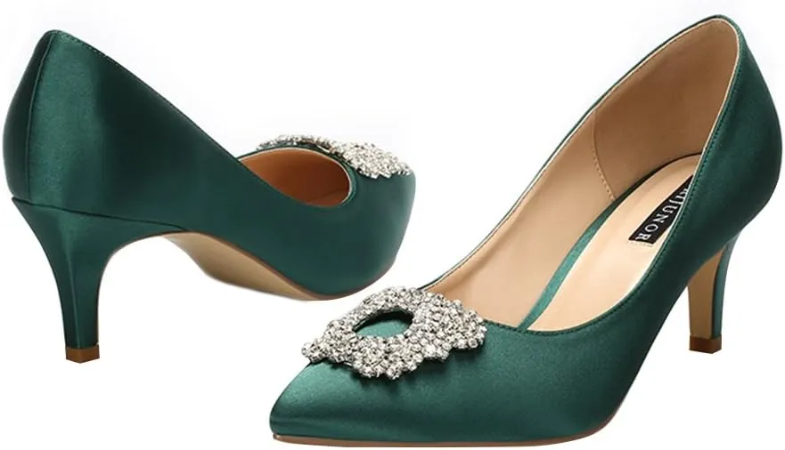 ERIJUNOR Women's Pumps Low Heel Rhinestone Brooch Satin Evening Dress Wedding Shoes