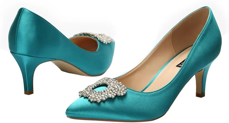 ERIJUNOR Women's Pumps Low Heel Rhinestone Brooch Satin Evening Dress Wedding Shoes