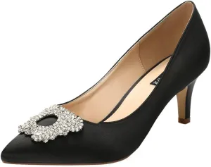 ERIJUNOR Women's Pumps Low Heel Rhinestone Brooch Satin Evening Dress Wedding Shoes
