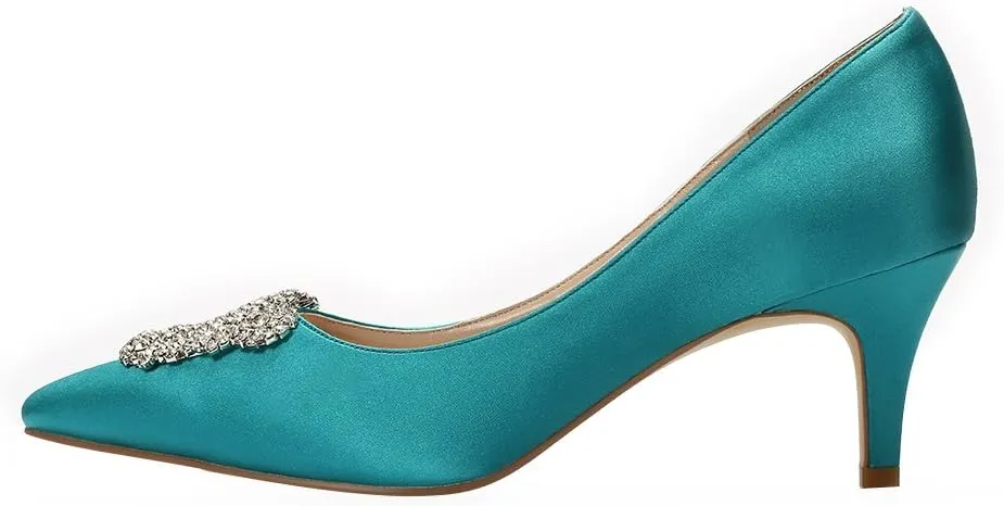 ERIJUNOR Women's Pumps Low Heel Rhinestone Brooch Satin Evening Dress Wedding Shoes