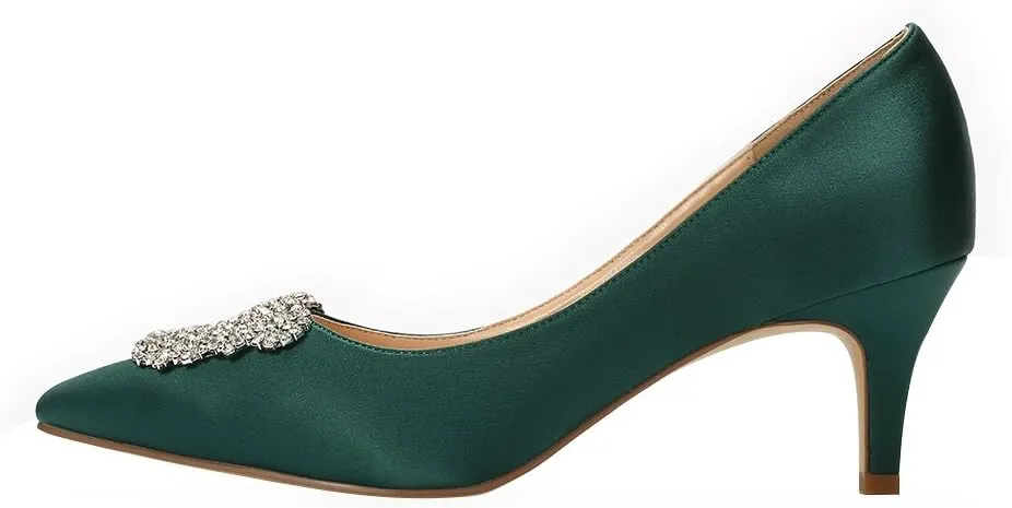 ERIJUNOR Women's Pumps Low Heel Rhinestone Brooch Satin Evening Dress Wedding Shoes