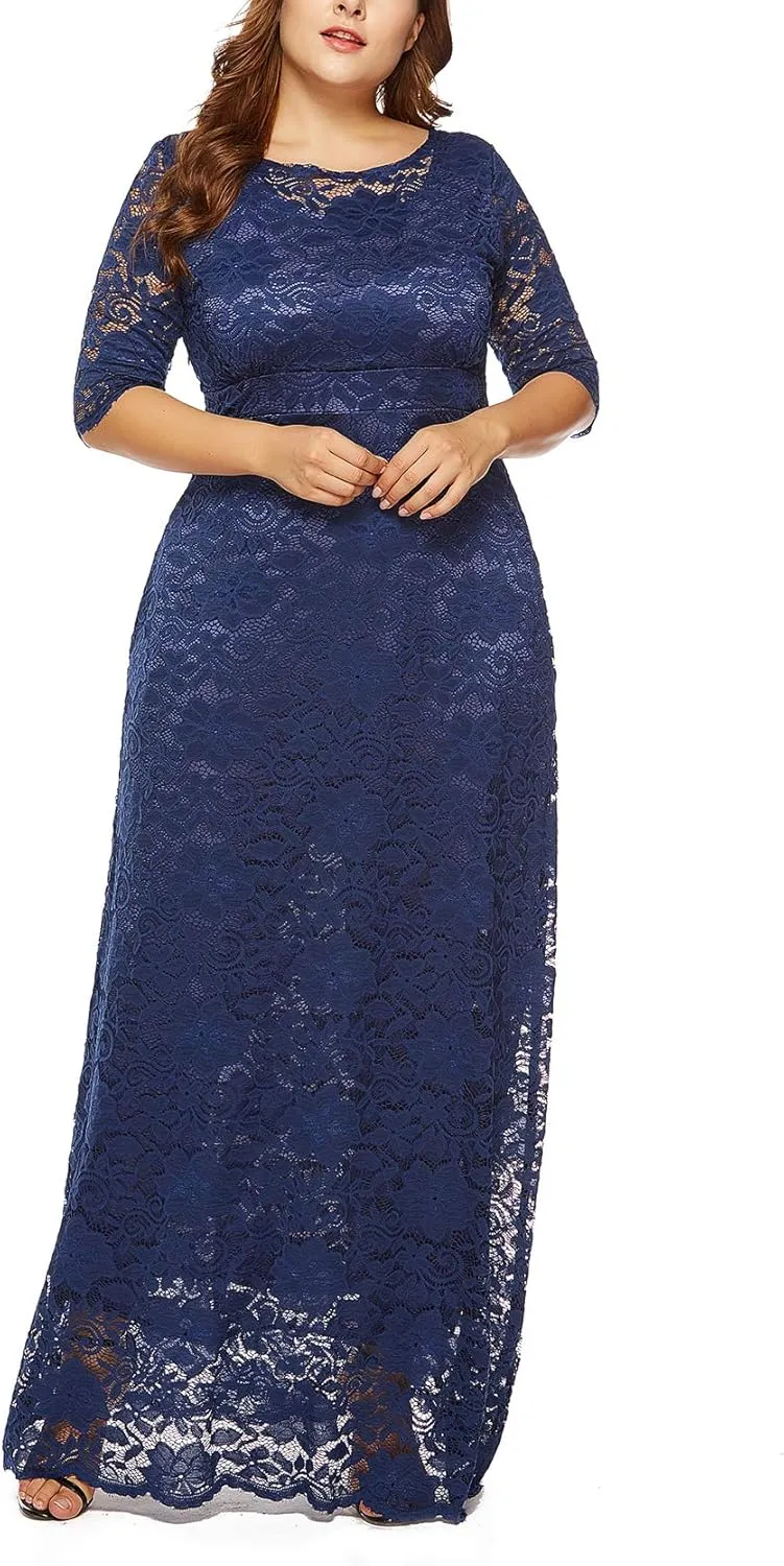 Eternatastic Women's Floral Lace 2/3 Sleeves Maxi Dress Plus Size Evening Party Dresses