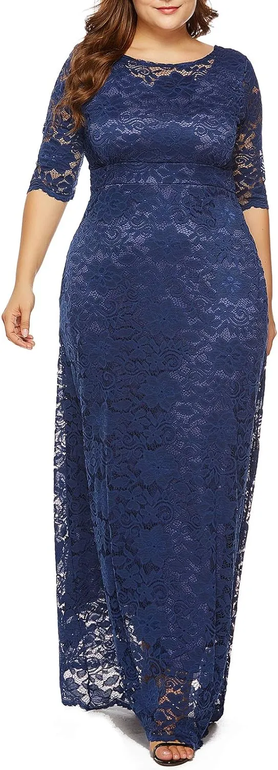 Eternatastic Women's Floral Lace 2/3 Sleeves Maxi Dress Plus Size Evening Party Dresses