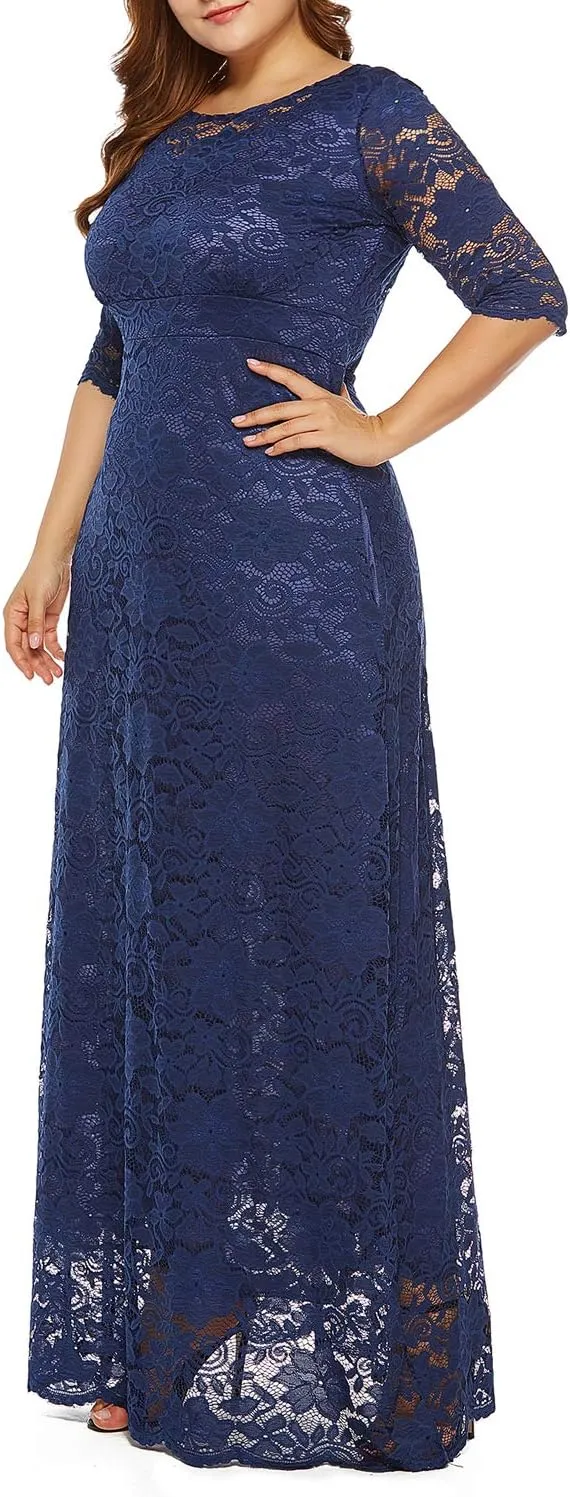 Eternatastic Women's Floral Lace 2/3 Sleeves Maxi Dress Plus Size Evening Party Dresses