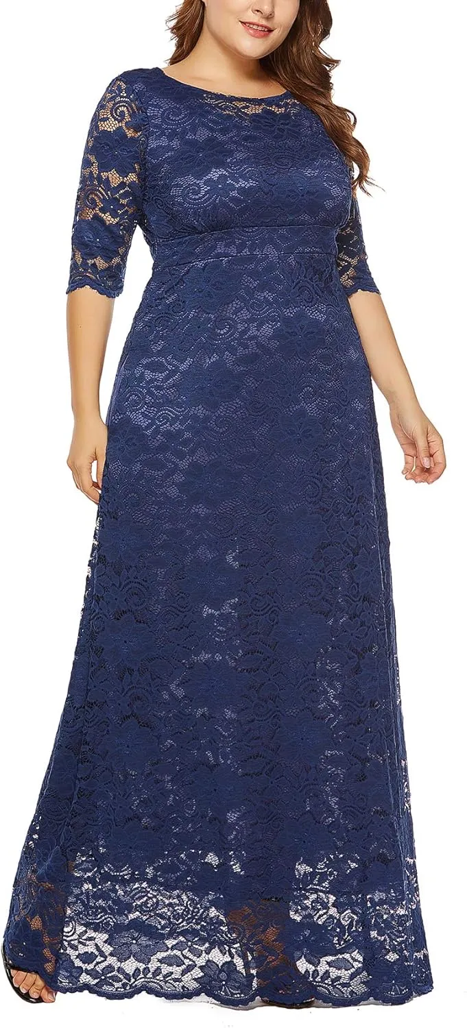 Eternatastic Women's Floral Lace 2/3 Sleeves Maxi Dress Plus Size Evening Party Dresses