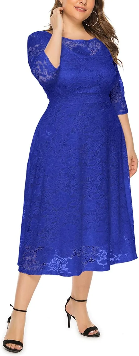 Eternatastic Womens Floral lace Plus Size Midi Dress Scooped Neckline Cocktail Party Dresses