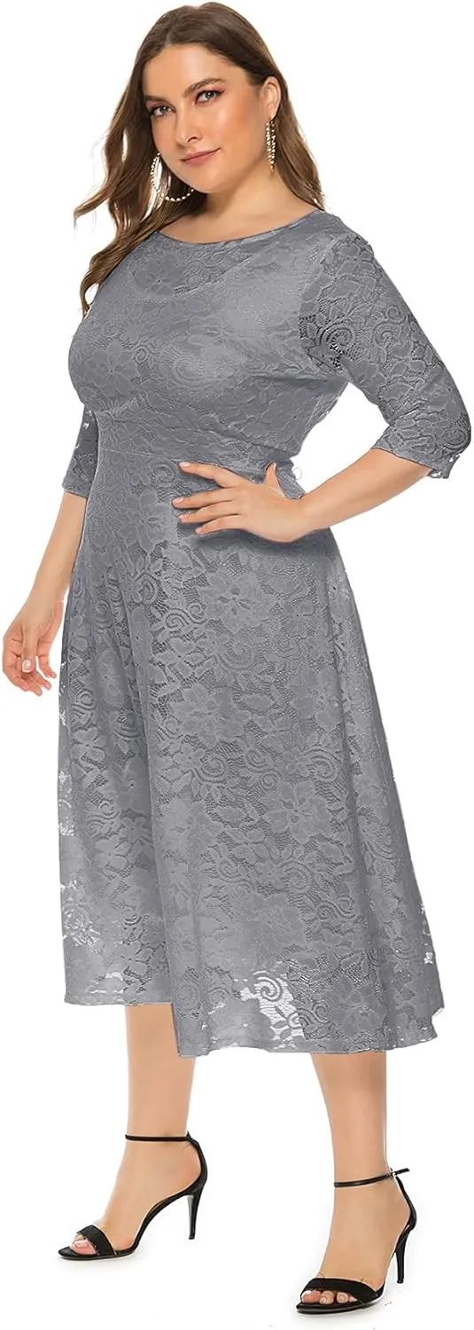 Eternatastic Womens Floral lace Plus Size Midi Dress Scooped Neckline Cocktail Party Dresses