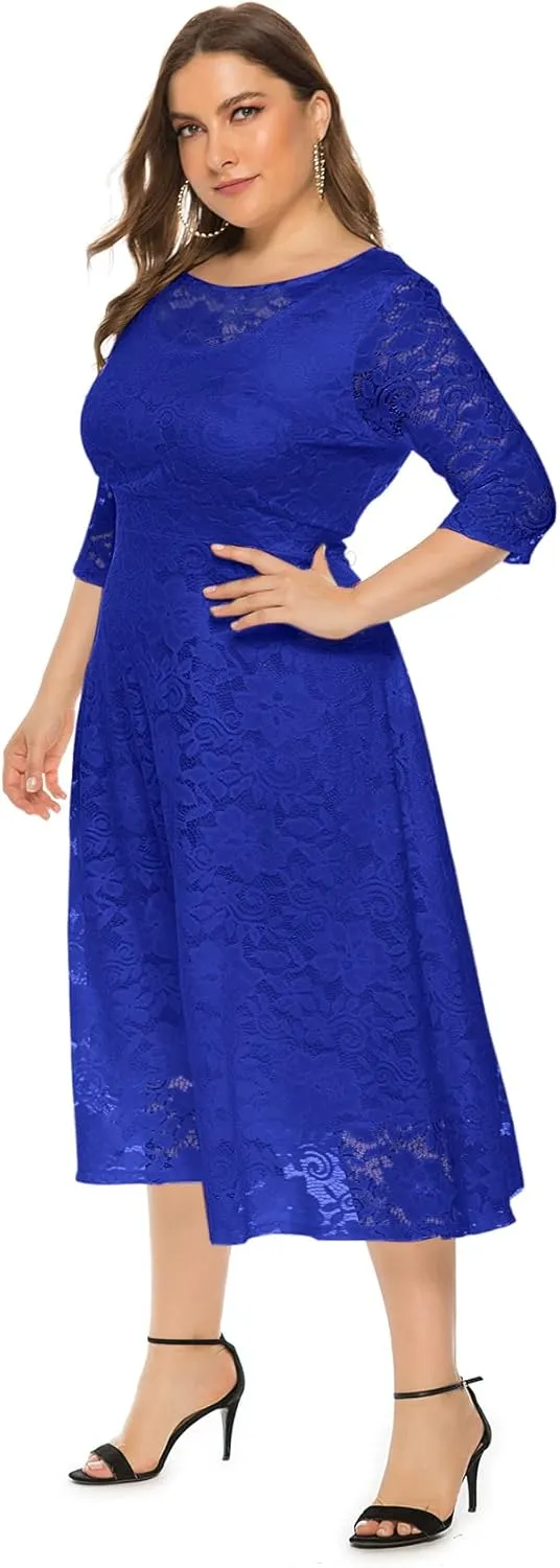 Eternatastic Womens Floral lace Plus Size Midi Dress Scooped Neckline Cocktail Party Dresses