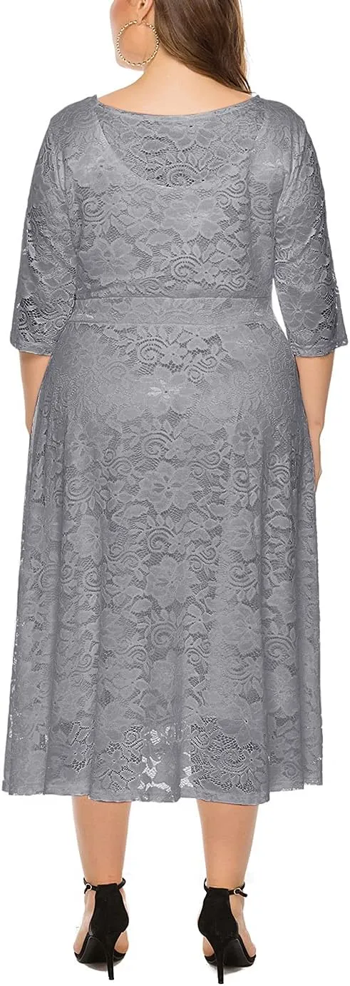Eternatastic Womens Floral lace Plus Size Midi Dress Scooped Neckline Cocktail Party Dresses