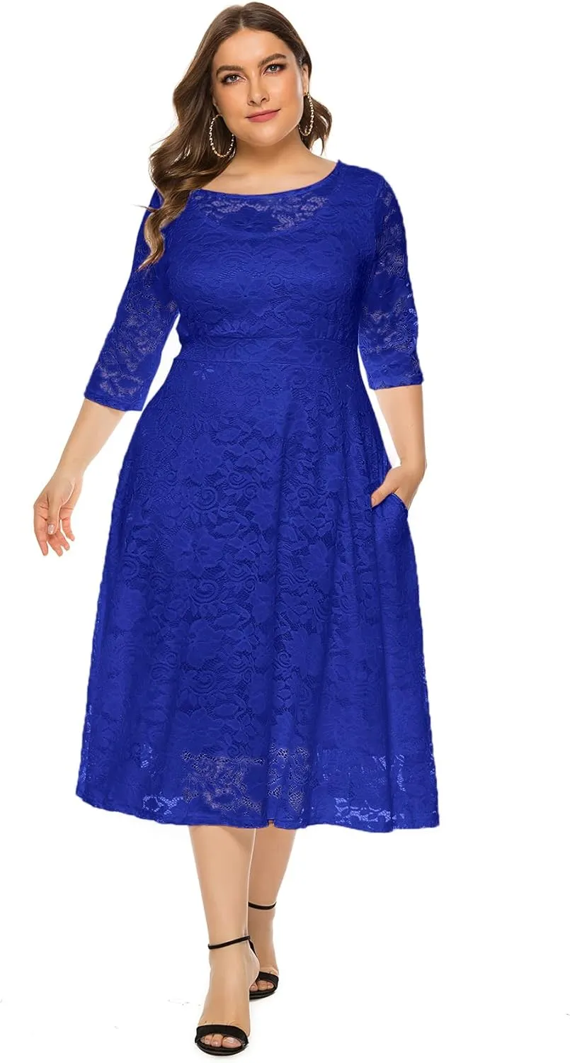 Eternatastic Womens Floral lace Plus Size Midi Dress Scooped Neckline Cocktail Party Dresses