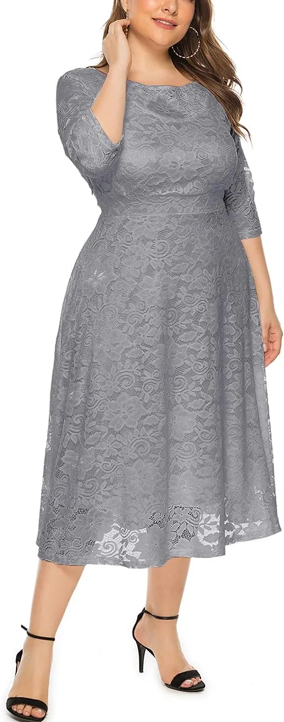 Eternatastic Womens Floral lace Plus Size Midi Dress Scooped Neckline Cocktail Party Dresses