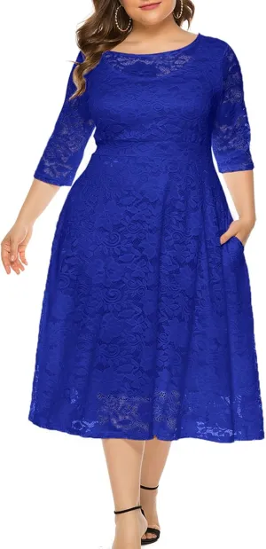 Eternatastic Womens Floral lace Plus Size Midi Dress Scooped Neckline Cocktail Party Dresses