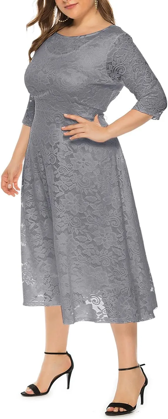 Eternatastic Womens Floral lace Plus Size Midi Dress Scooped Neckline Cocktail Party Dresses