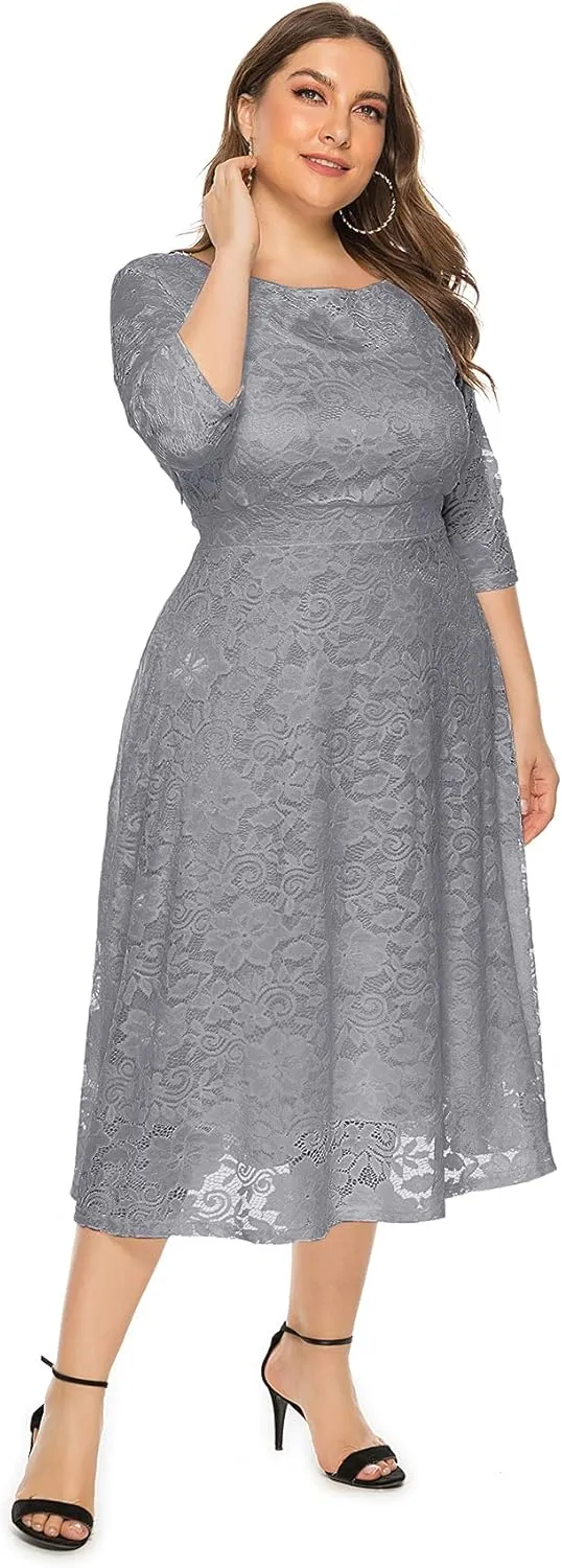 Eternatastic Womens Floral lace Plus Size Midi Dress Scooped Neckline Cocktail Party Dresses