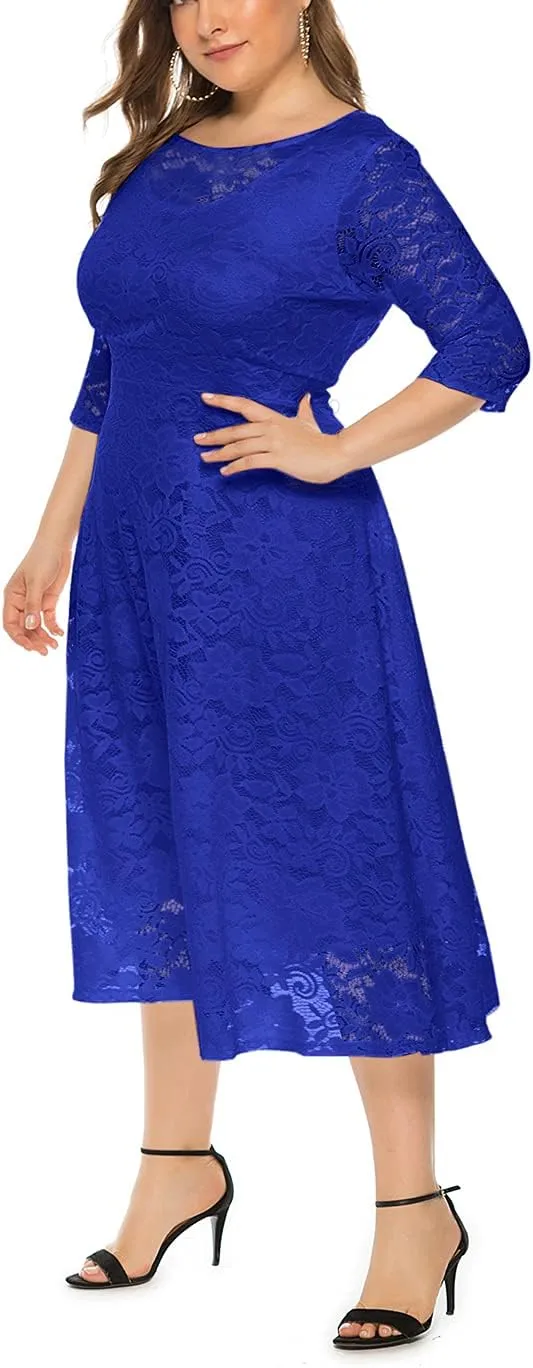 Eternatastic Womens Floral lace Plus Size Midi Dress Scooped Neckline Cocktail Party Dresses