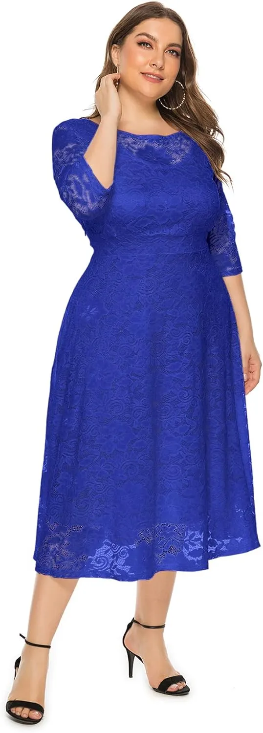 Eternatastic Womens Floral lace Plus Size Midi Dress Scooped Neckline Cocktail Party Dresses