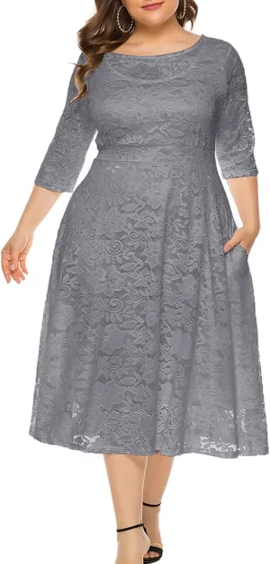 Eternatastic Womens Floral lace Plus Size Midi Dress Scooped Neckline Cocktail Party Dresses