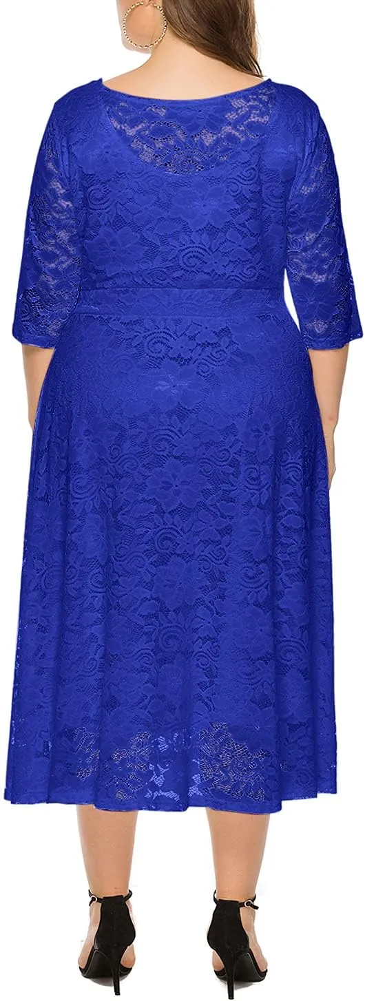 Eternatastic Womens Floral lace Plus Size Midi Dress Scooped Neckline Cocktail Party Dresses