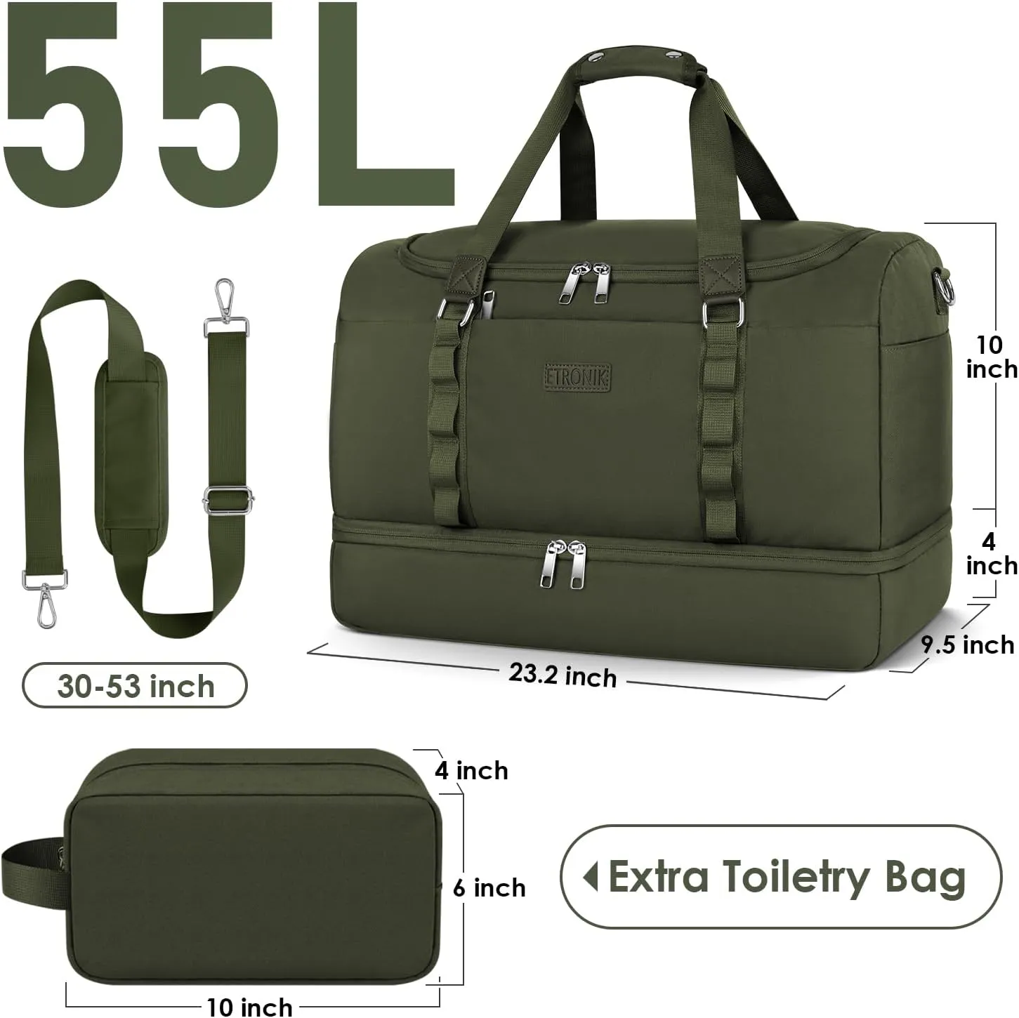 ETRONIK Gym Bag for Men Women, Large Travel Duffle Bag with Shoe Compartment, Carry on Bag with Toiletry Bag, Weekender Overnight Bag for Sports Business Trip, Green