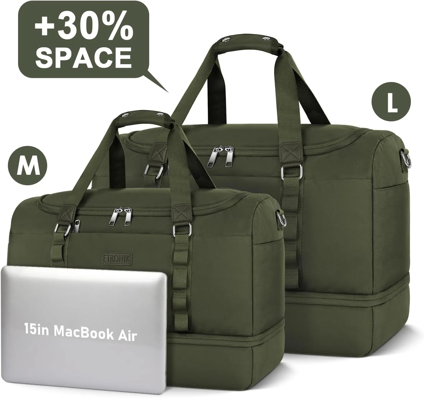 ETRONIK Gym Bag for Men Women, Large Travel Duffle Bag with Shoe Compartment, Carry on Bag with Toiletry Bag, Weekender Overnight Bag for Sports Business Trip, Green