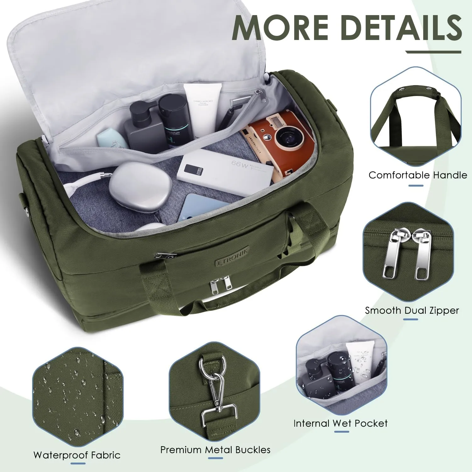 ETRONIK Gym Bag for Men Women, Large Travel Duffle Bag with Shoe Compartment, Carry on Bag with Toiletry Bag, Weekender Overnight Bag for Sports Business Trip, Green