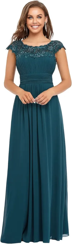 Ever-Pretty Women's Cap Sleeve Ruched Lace Round Neck Chiffon Formal Evening Gowns 09993-US