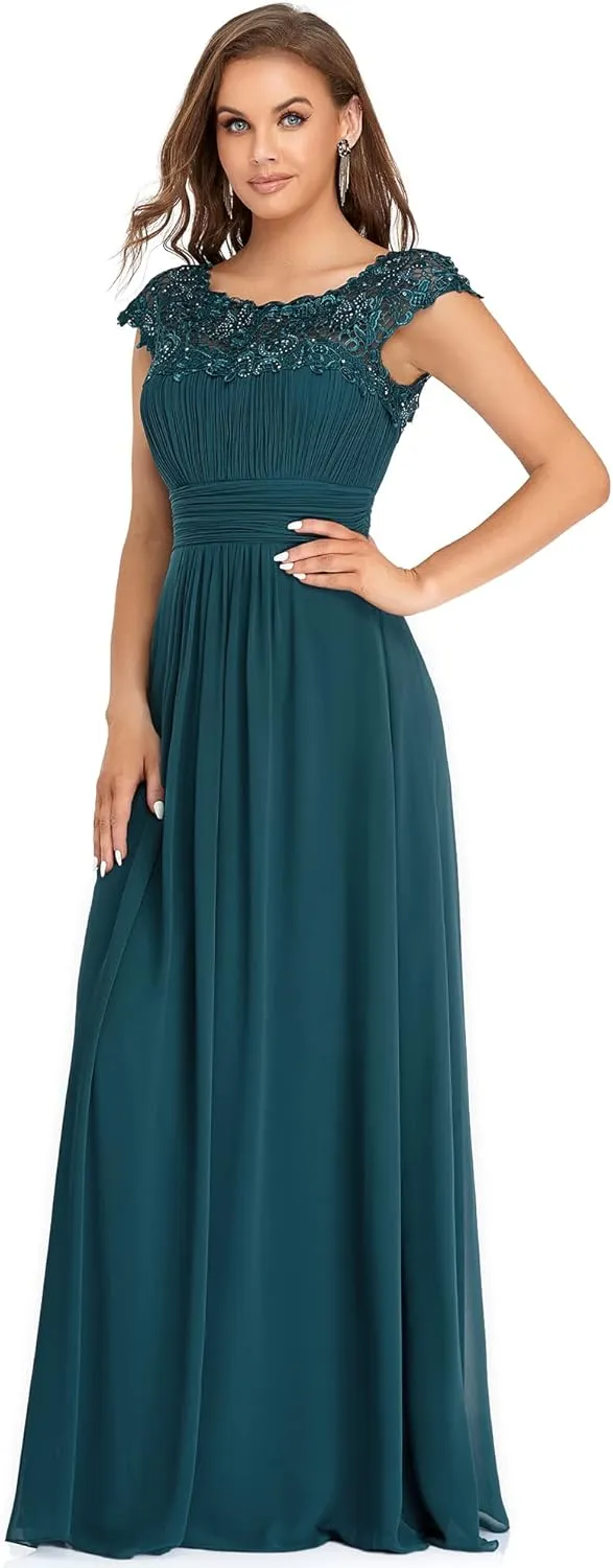Ever-Pretty Women's Cap Sleeve Ruched Lace Round Neck Chiffon Formal Evening Gowns 09993-US
