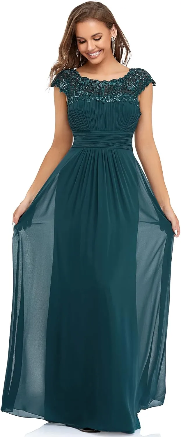 Ever-Pretty Women's Cap Sleeve Ruched Lace Round Neck Chiffon Formal Evening Gowns 09993-US