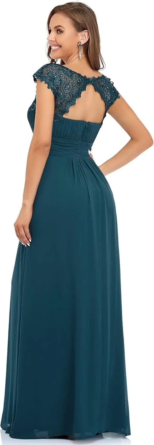 Ever-Pretty Women's Cap Sleeve Ruched Lace Round Neck Chiffon Formal Evening Gowns 09993-US