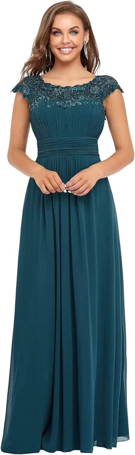 Ever-Pretty Women's Cap Sleeve Ruched Lace Round Neck Chiffon Formal Evening Gowns 09993-US
