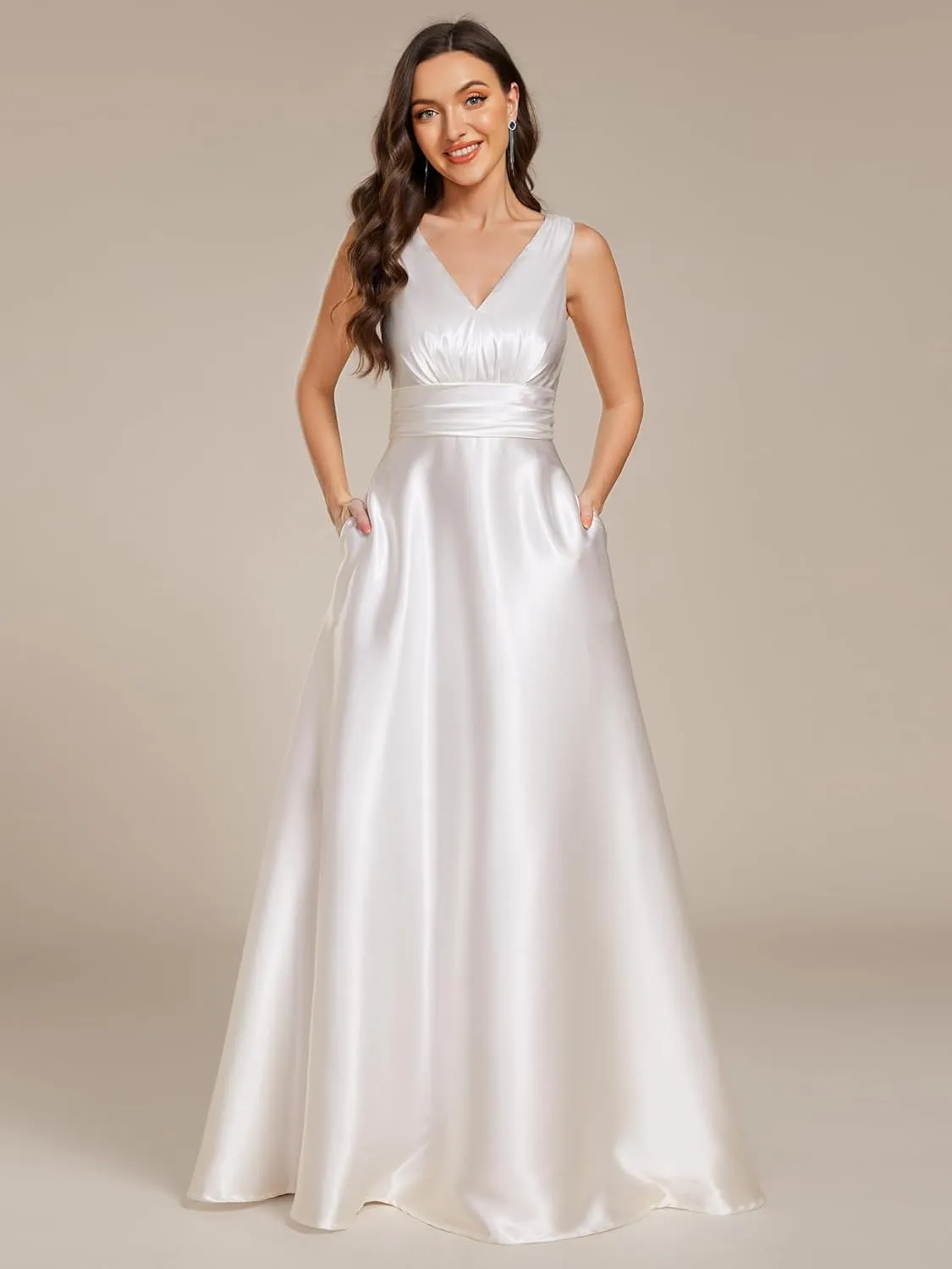 Ever-Pretty Women's Double-V-Neck Floor-Length Empire Waist Satin Formal Dress with Pockets 02326