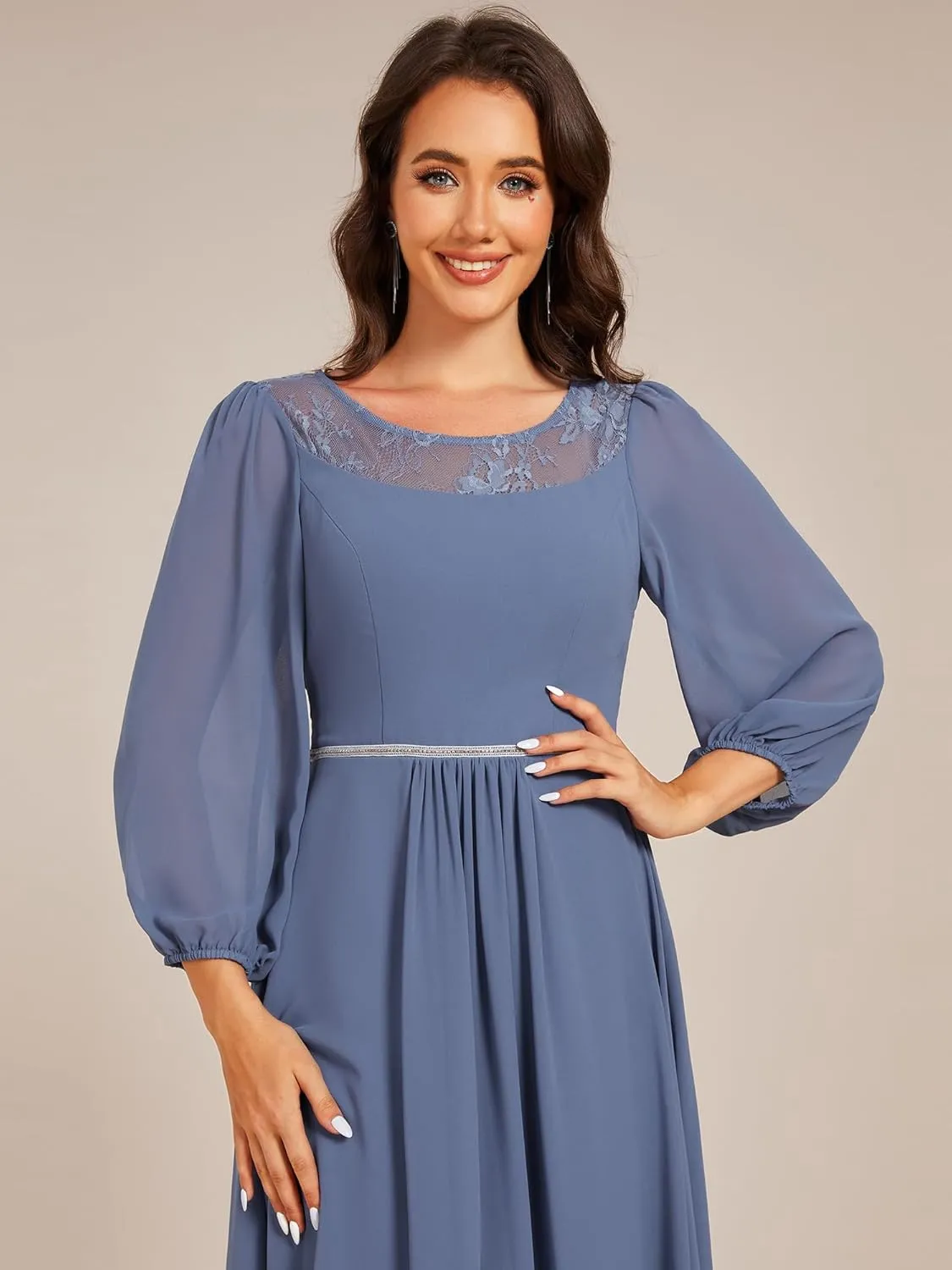 Ever-Pretty Women's Fall Long Sleeve Lace Round Neck Chiffon High Low Midi Length Semi Formal Dresses 02256