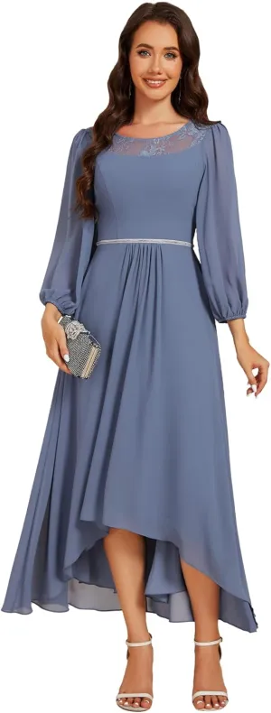 Ever-Pretty Women's Fall Long Sleeve Lace Round Neck Chiffon High Low Midi Length Semi Formal Dresses 02256