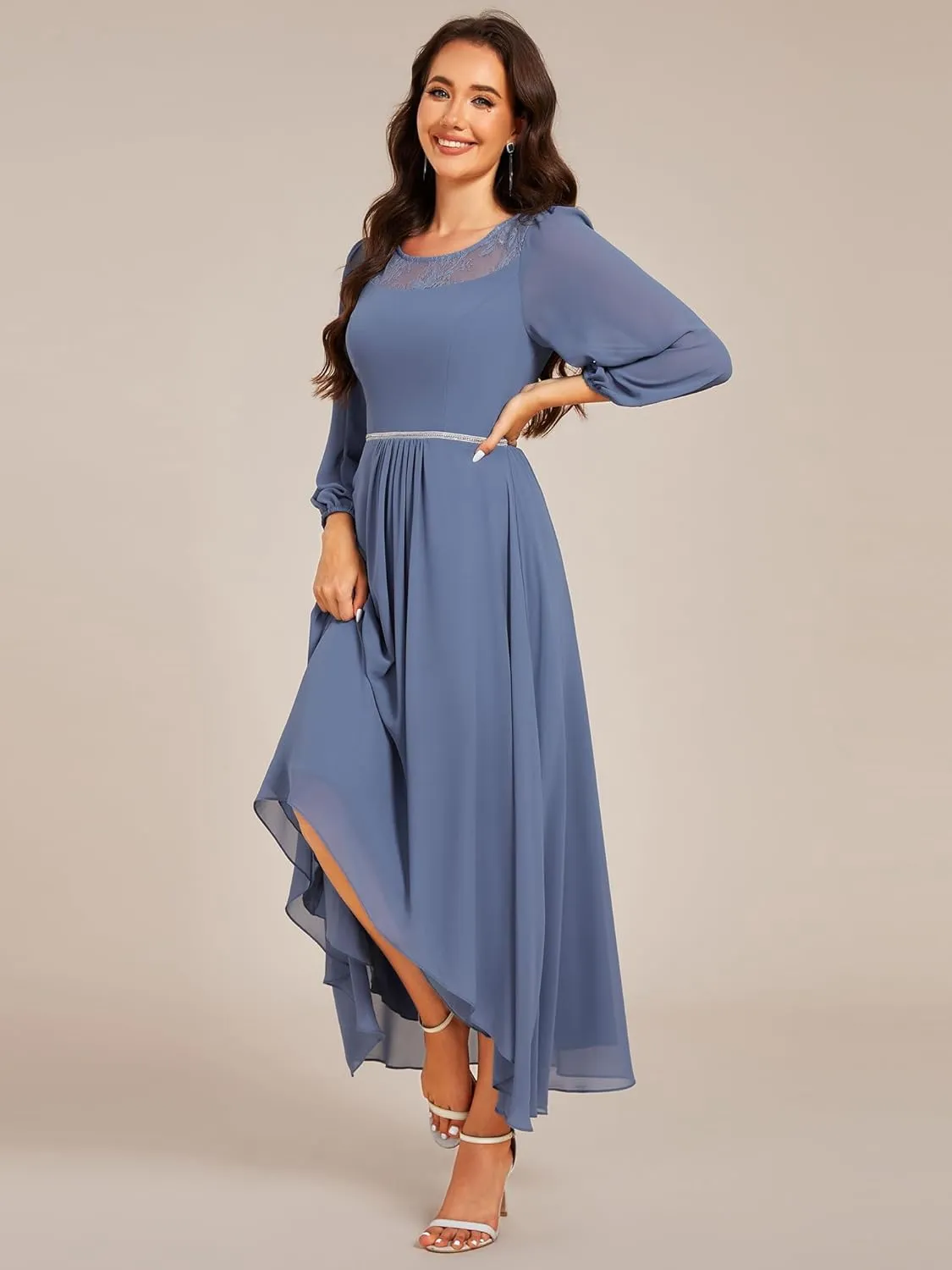 Ever-Pretty Women's Fall Long Sleeve Lace Round Neck Chiffon High Low Midi Length Semi Formal Dresses 02256