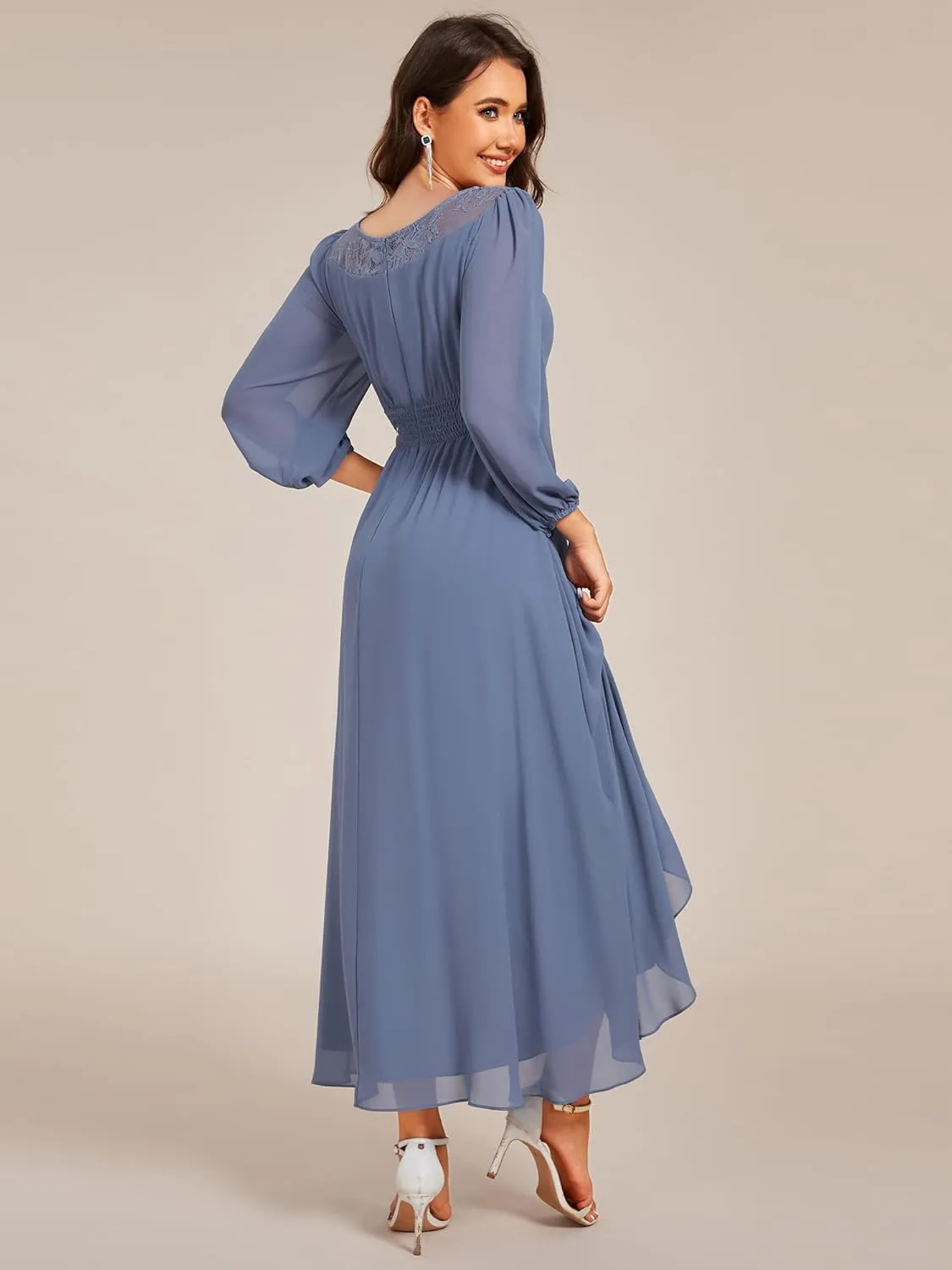Ever-Pretty Women's Fall Long Sleeve Lace Round Neck Chiffon High Low Midi Length Semi Formal Dresses 02256