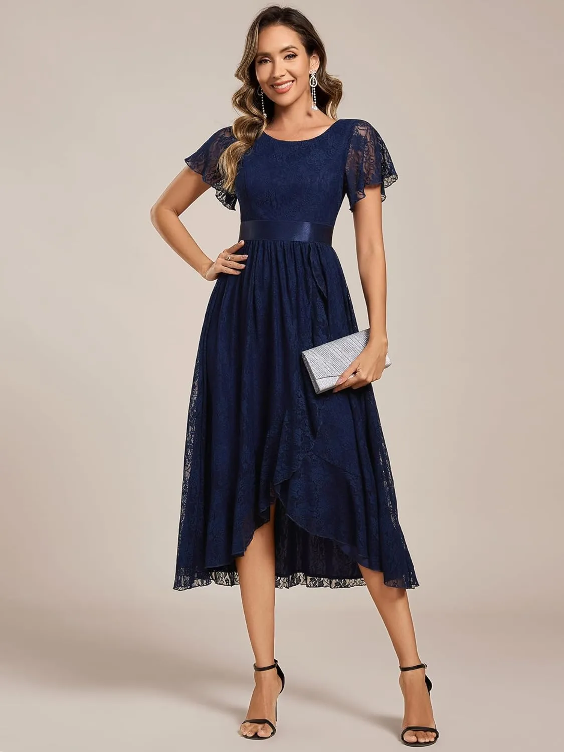 Ever-Pretty Women's Lace Short Sleeve Round Neck Empire Waist Midi High Low Evening Gown 03489