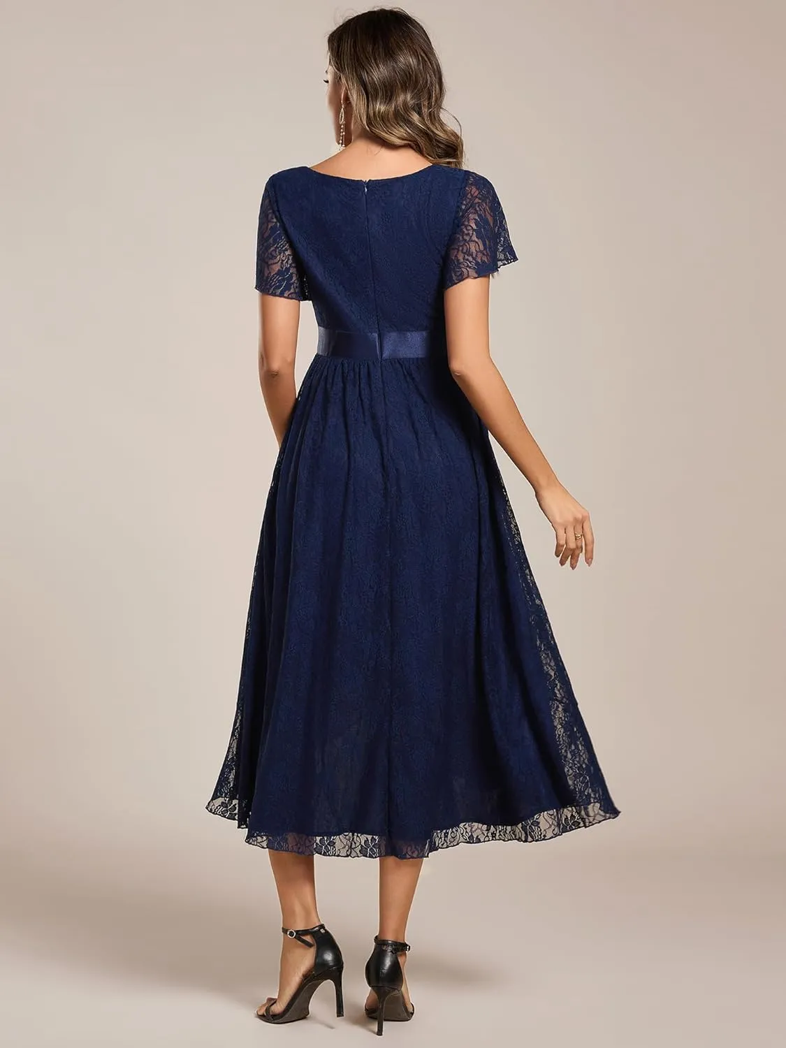 Ever-Pretty Women's Lace Short Sleeve Round Neck Empire Waist Midi High Low Evening Gown 03489