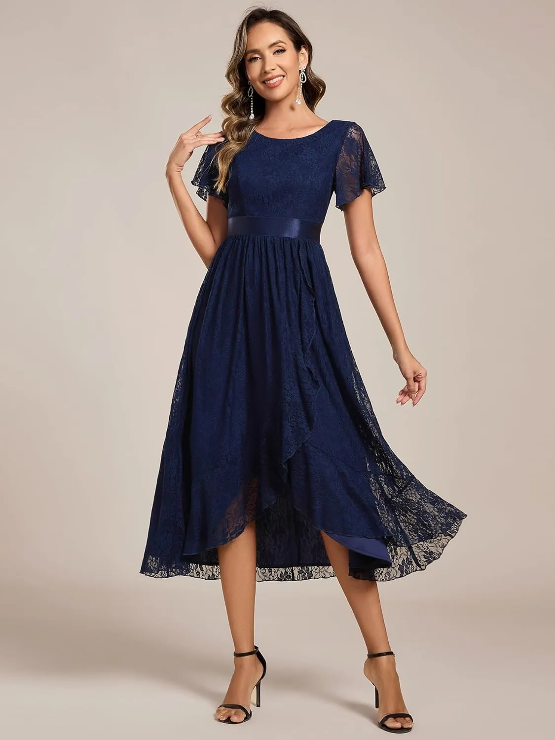 Ever-Pretty Women's Lace Short Sleeve Round Neck Empire Waist Midi High Low Evening Gown 03489