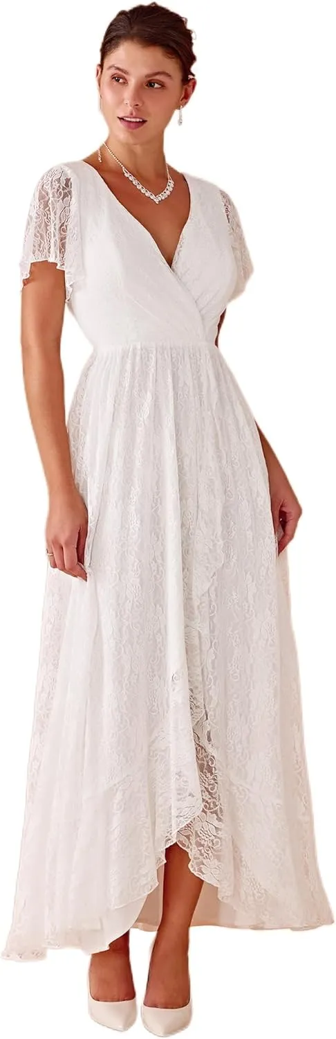 Ever-Pretty Women's Lace V Neck Ruffles Sleeves Pleated Empire Waist A-Line Maxi Formal Dresses 01489
