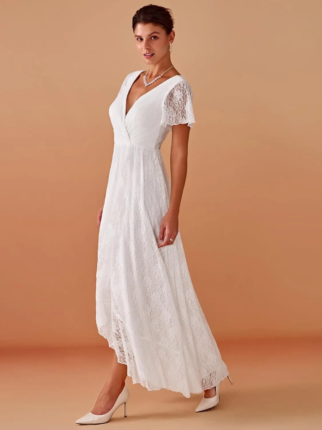 Ever-Pretty Women's Lace V Neck Ruffles Sleeves Pleated Empire Waist A-Line Maxi Formal Dresses 01489