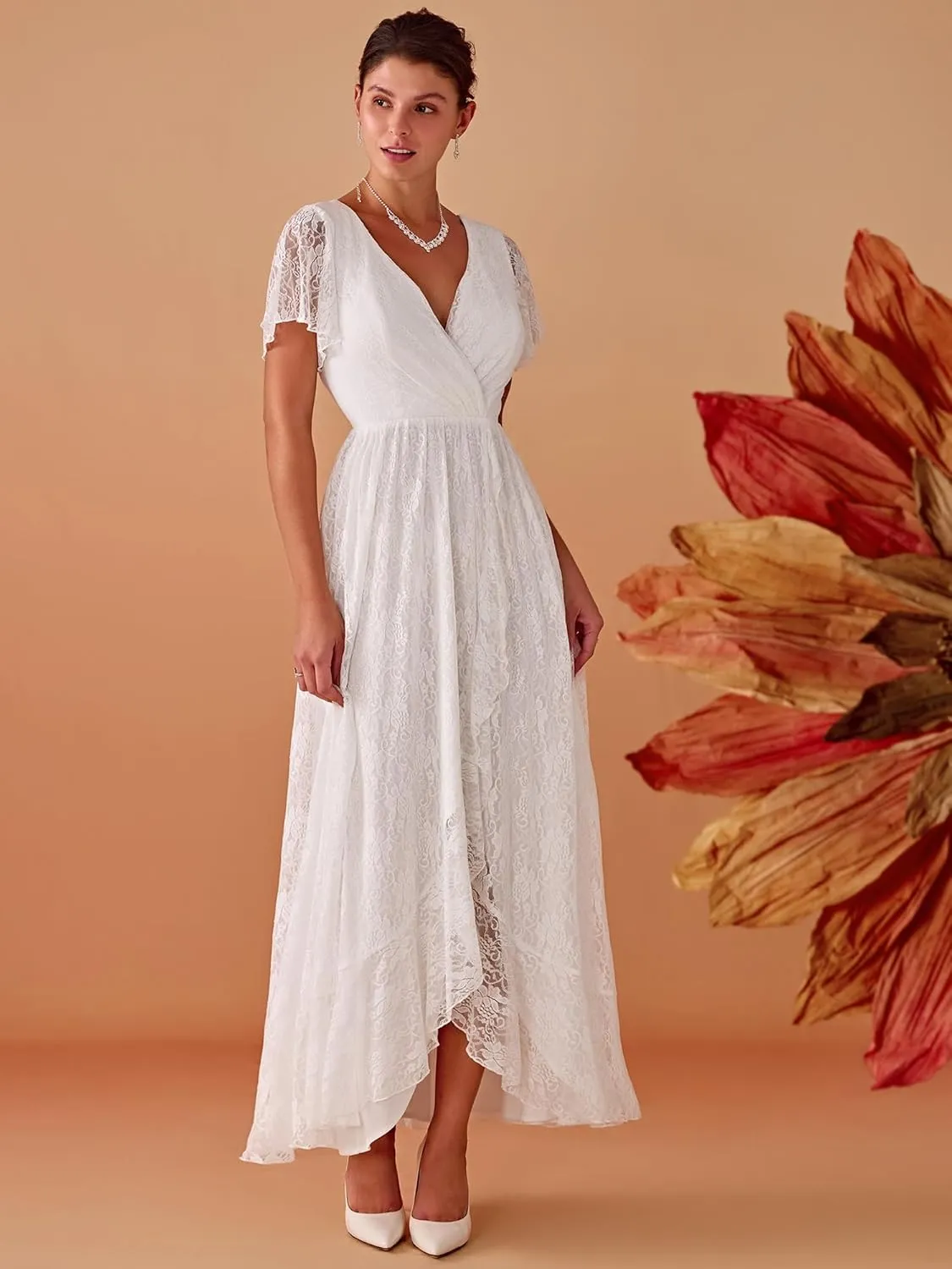 Ever-Pretty Women's Lace V Neck Ruffles Sleeves Pleated Empire Waist A-Line Maxi Formal Dresses 01489
